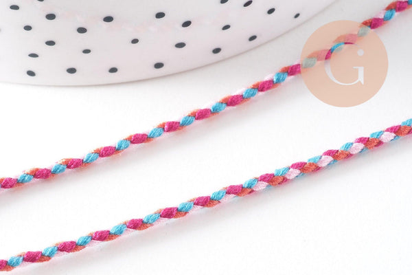 Cordon tressé blanc rose bleu 2mm, cordon pour bijoux,cordon multicolore scrapbooking, x1 mètre,G5938