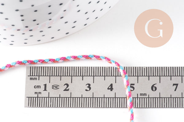 Cordon tressé blanc rose bleu 2mm, cordon pour bijoux,cordon multicolore scrapbooking, x1 mètre,G5938