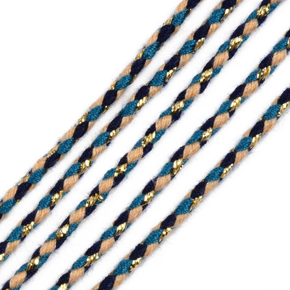 Cordon tressé bleu beige fil doré 2mm, x1 mètre (G5808)