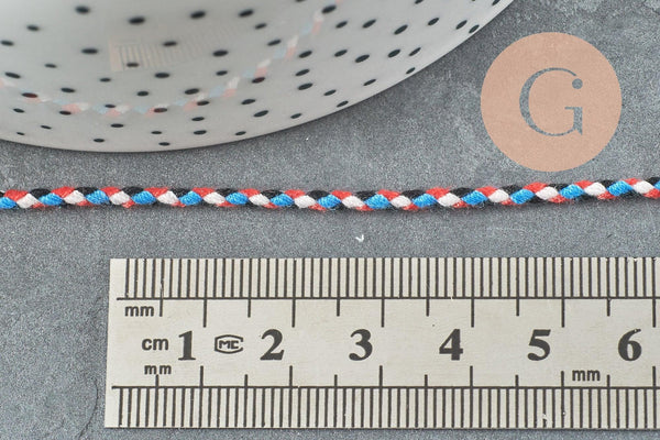 Cordon tressé bleu blanc rouge turquoise 2mm,cordon multicolore scrapbooking,corde décoration, x1 mètre G5859