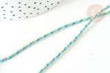 Cordon tressé bleu turquoise fil doré 1.5mm-2mm, x 1Mètre G8005