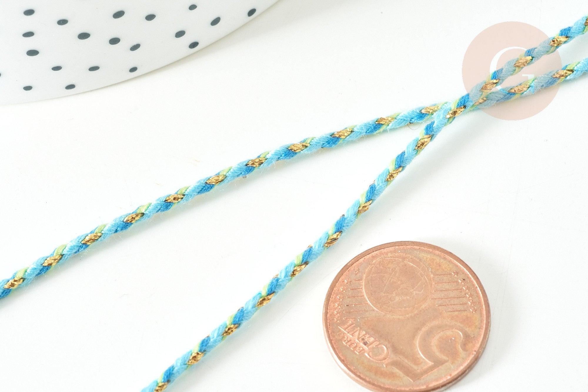 Cordon tressé bleu turquoise fil doré 1.5mm-2mm, x 1Mètre G8005
