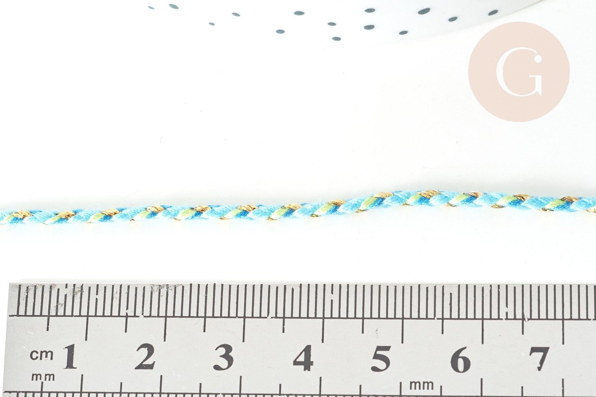 Cordon tressé bleu turquoise fil doré 1.5mm-2mm, x 1Mètre G8005