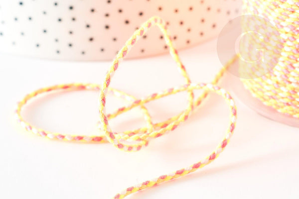 Cordon tressé coton jaune orange rose 2mm, x 1 mètre (G9123)