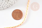 Cordon tressé coton jaune orange rose 2mm, x 1 mètre (G9123)