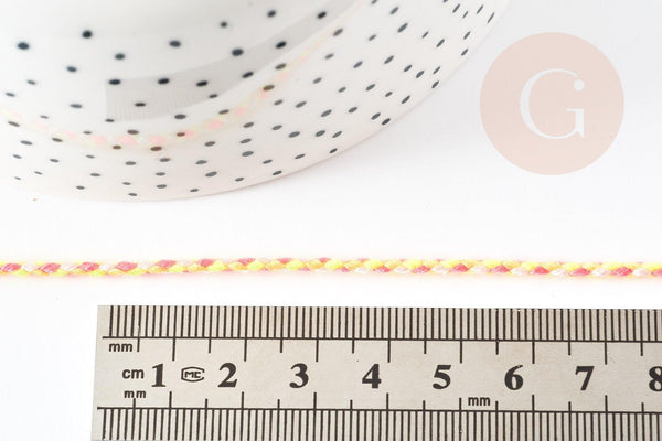 Cordon tressé coton jaune orange rose 2mm, x 1 mètre (G9123)