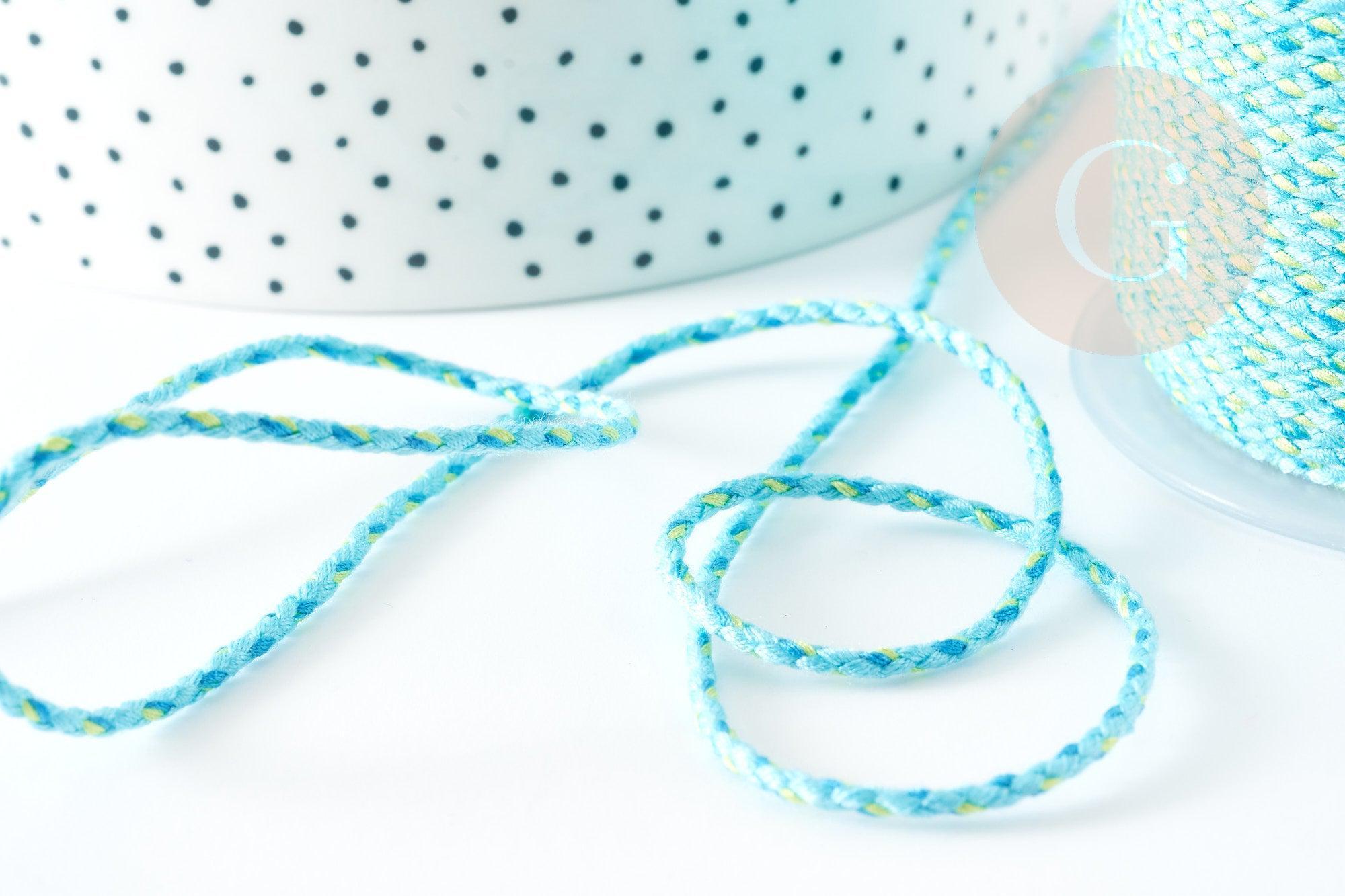 Cordon tressé coton turquoise jaune 2mm, x1 mètre (G9120)