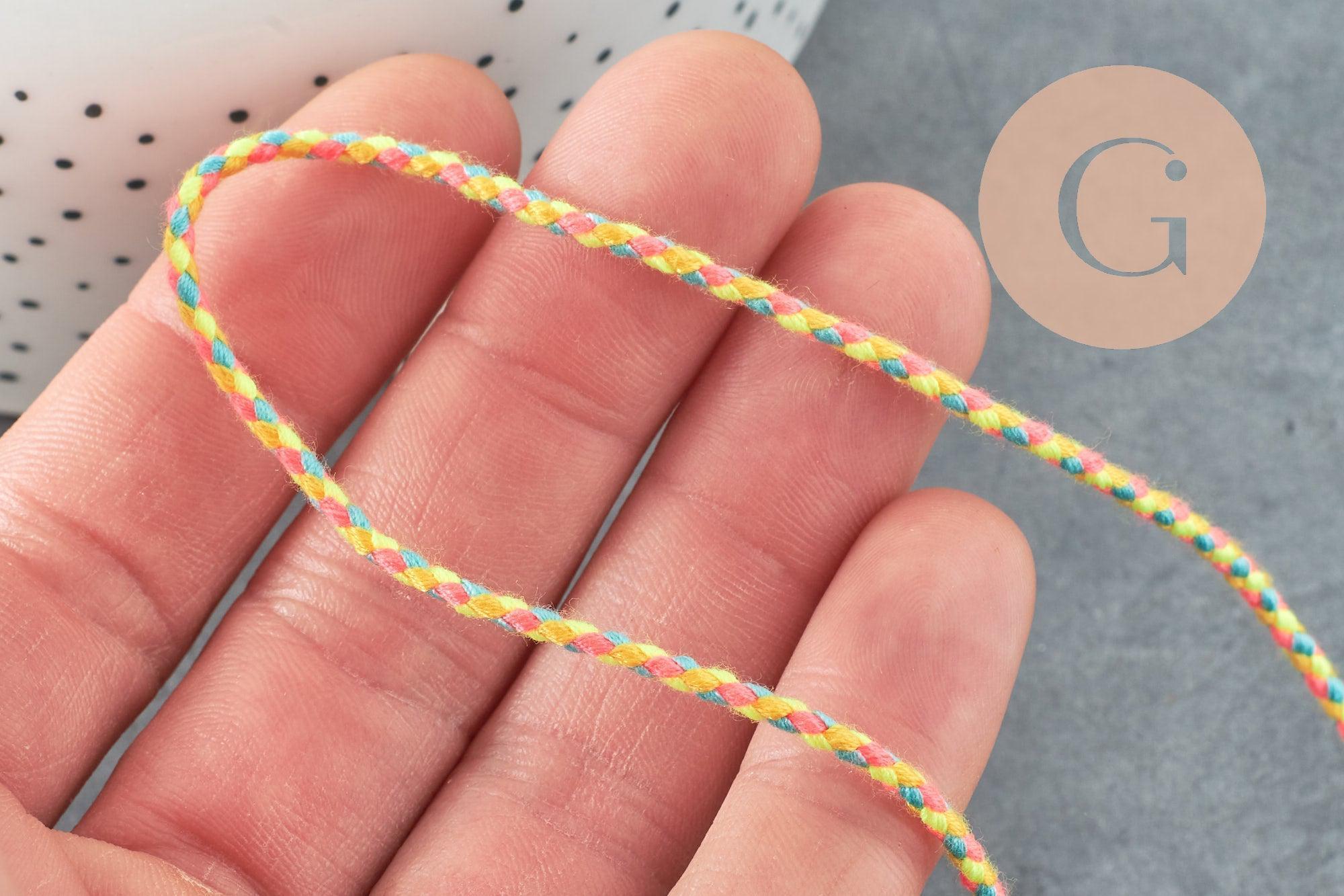Cordon tressé jaune fluo bleu rose polyester 2mm, x1 mètre (G5937)