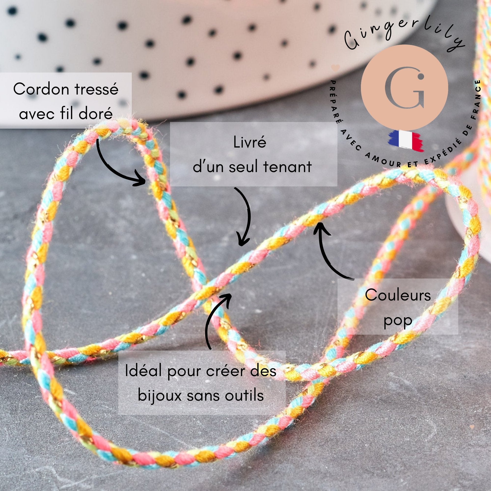 Cordon tressé jaune rose turquoise fil doré 1.5mm-2mm, x1 mètre (G8124)