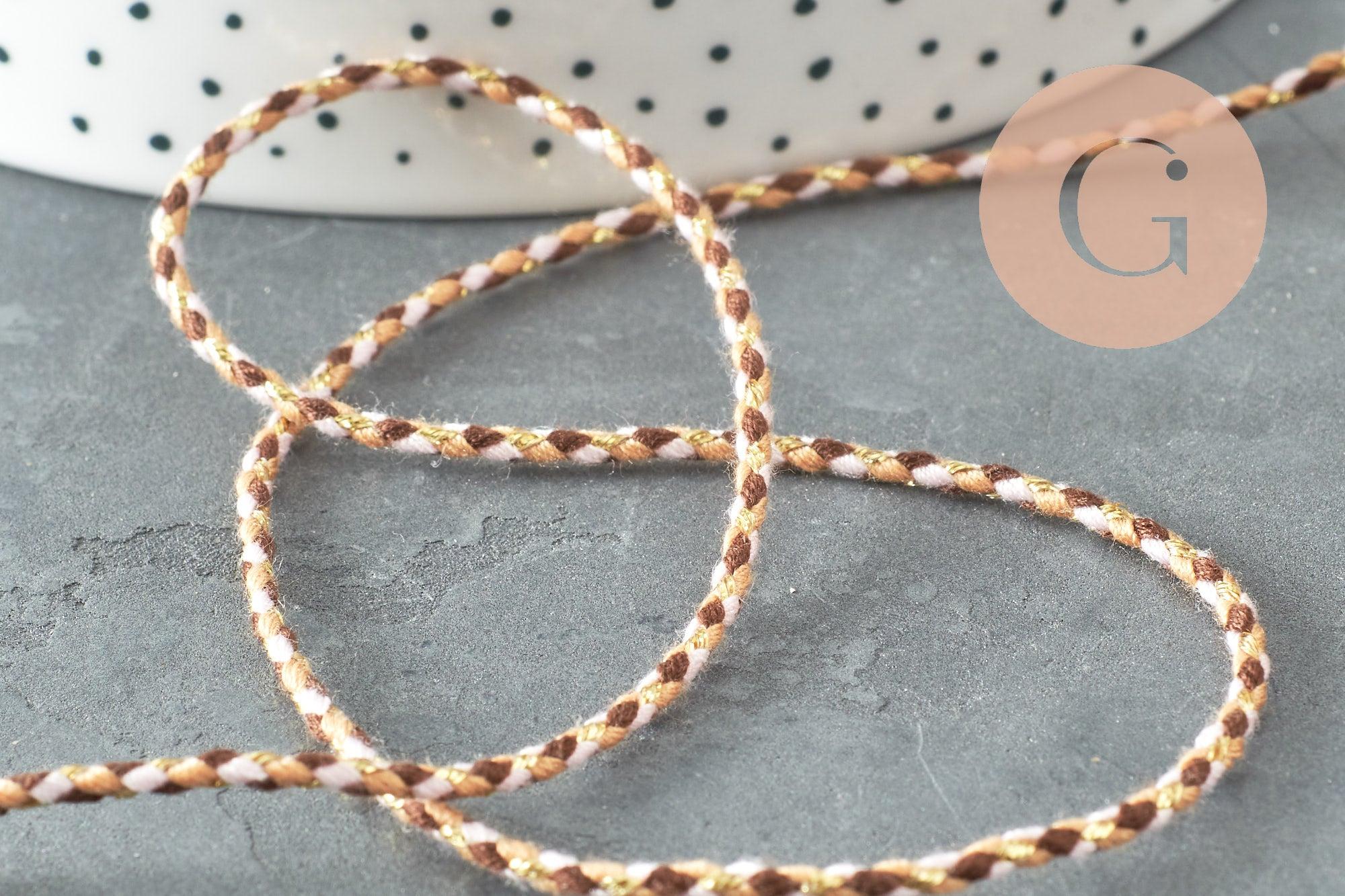 Cordon tressé marron beige fil doré polyester 2mm, x1 mètre (G6210)
