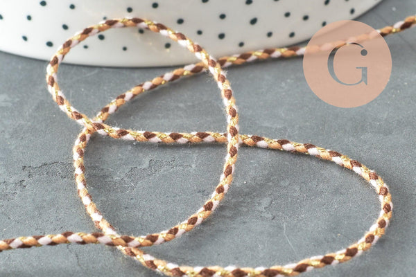 Cordon tressé marron beige fil doré polyester 2mm, x1 mètre (G6210)