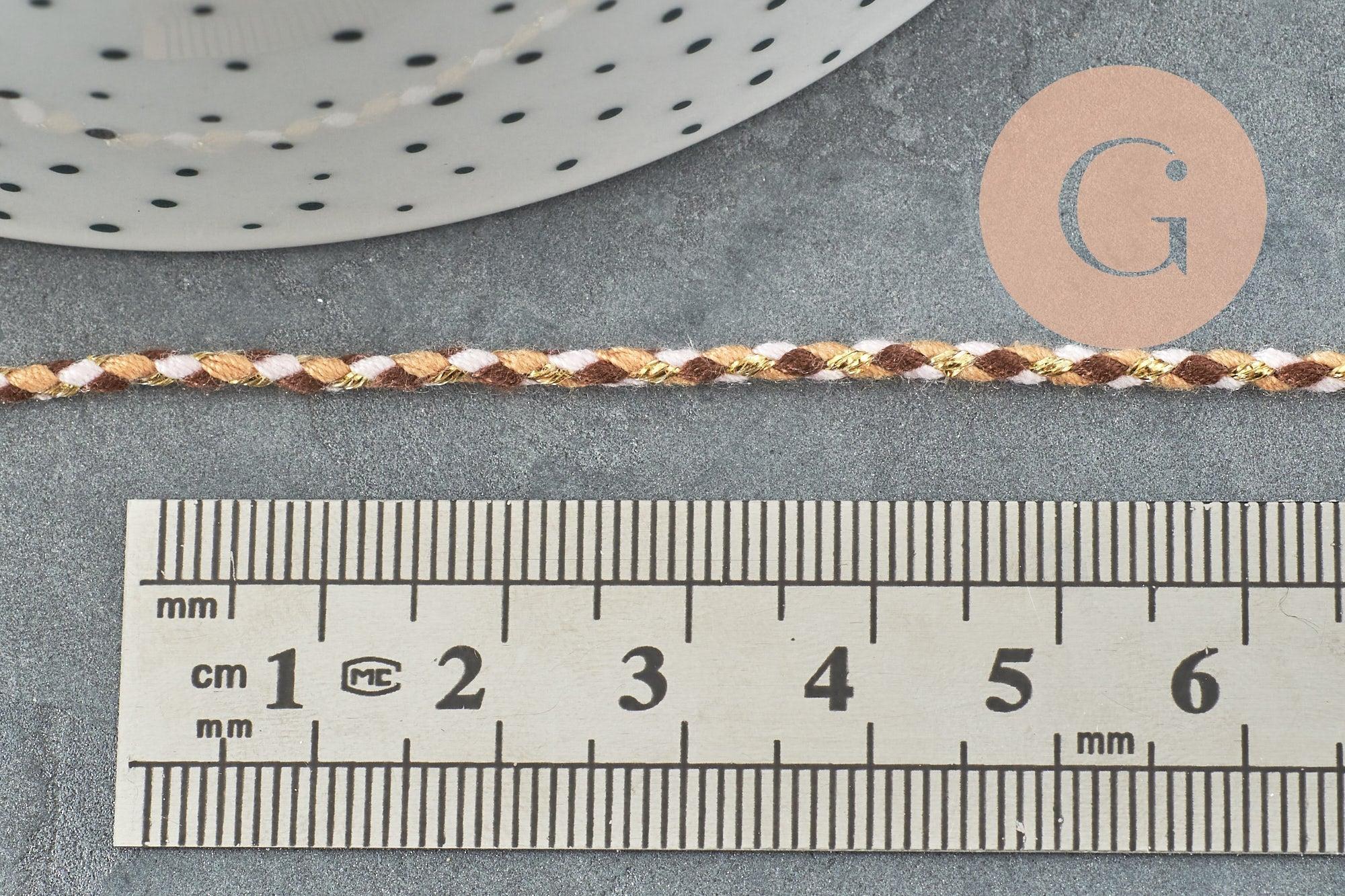 Cordon tressé marron beige fil doré polyester 2mm, x1 mètre (G6210)