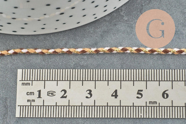 Cordon tressé marron beige fil doré polyester 2mm, x1 mètre (G6210)