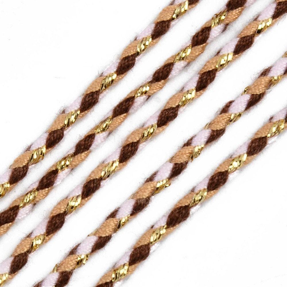 Cordon tressé marron beige fil doré polyester 2mm, x1 mètre (G6210)