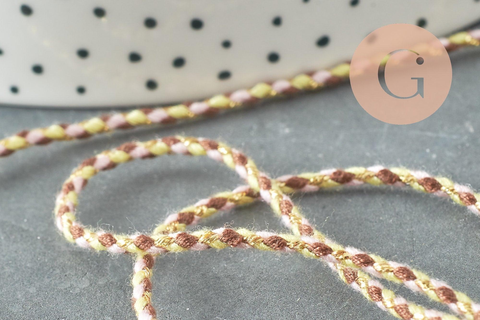 Cordon tressé marron jaune fluo fil doré, cordon pour bijoux,cordon multicolore scrapbooking, x1 mètre (G6211)
