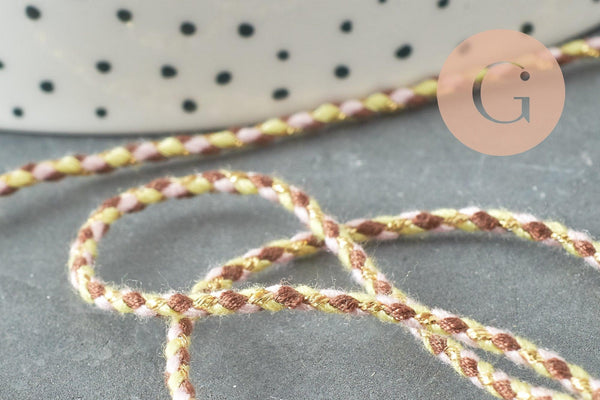 Cordon tressé marron jaune fluo fil doré, cordon pour bijoux,cordon multicolore scrapbooking, x1 mètre (G6211)