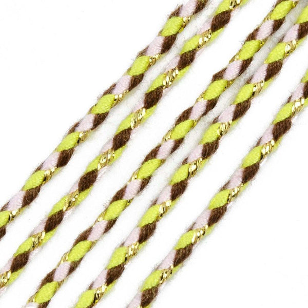 Cordon tressé marron jaune fluo fil doré, cordon pour bijoux,cordon multicolore scrapbooking, x1 mètre (G6211)