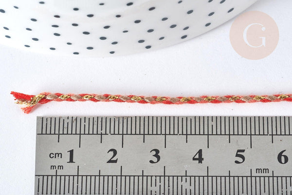 Cordon tressé orange clair et foncé fil doré 1.5mm-2mm, scrapbooking, x 1Mètre (G7470)