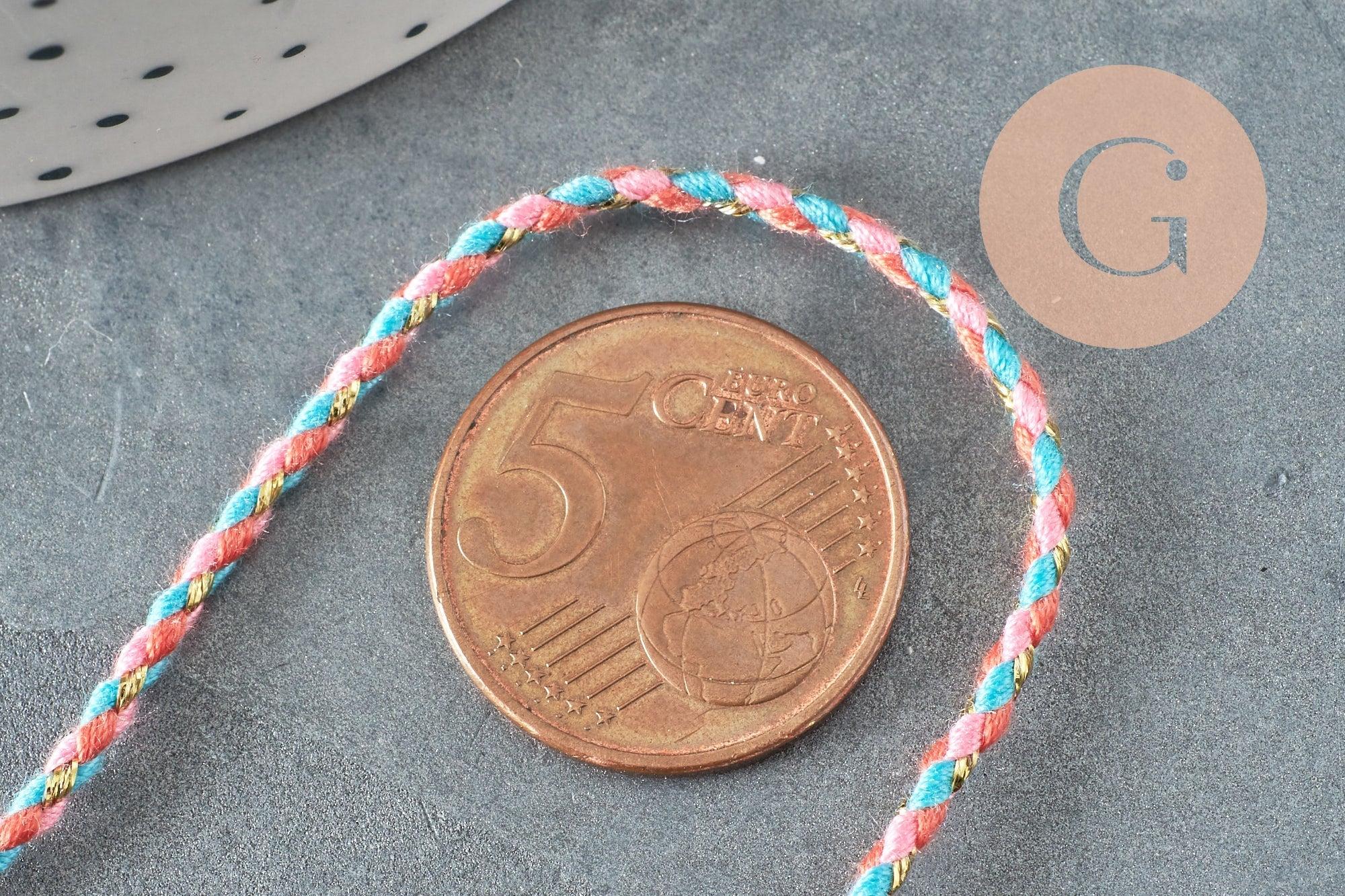 Cordon tressé rose bleu corail fil doré 2mm, x1 mètre (G5809)