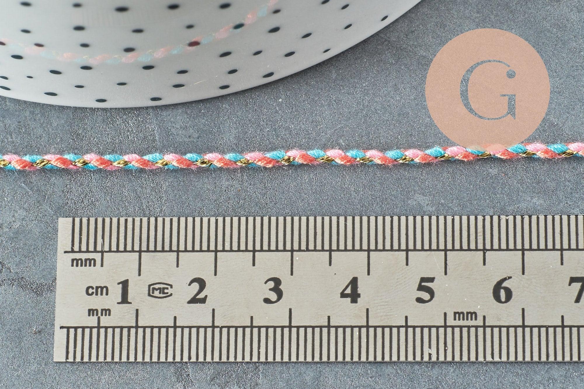 Cordon tressé rose bleu corail fil doré 2mm, x1 mètre (G5809)