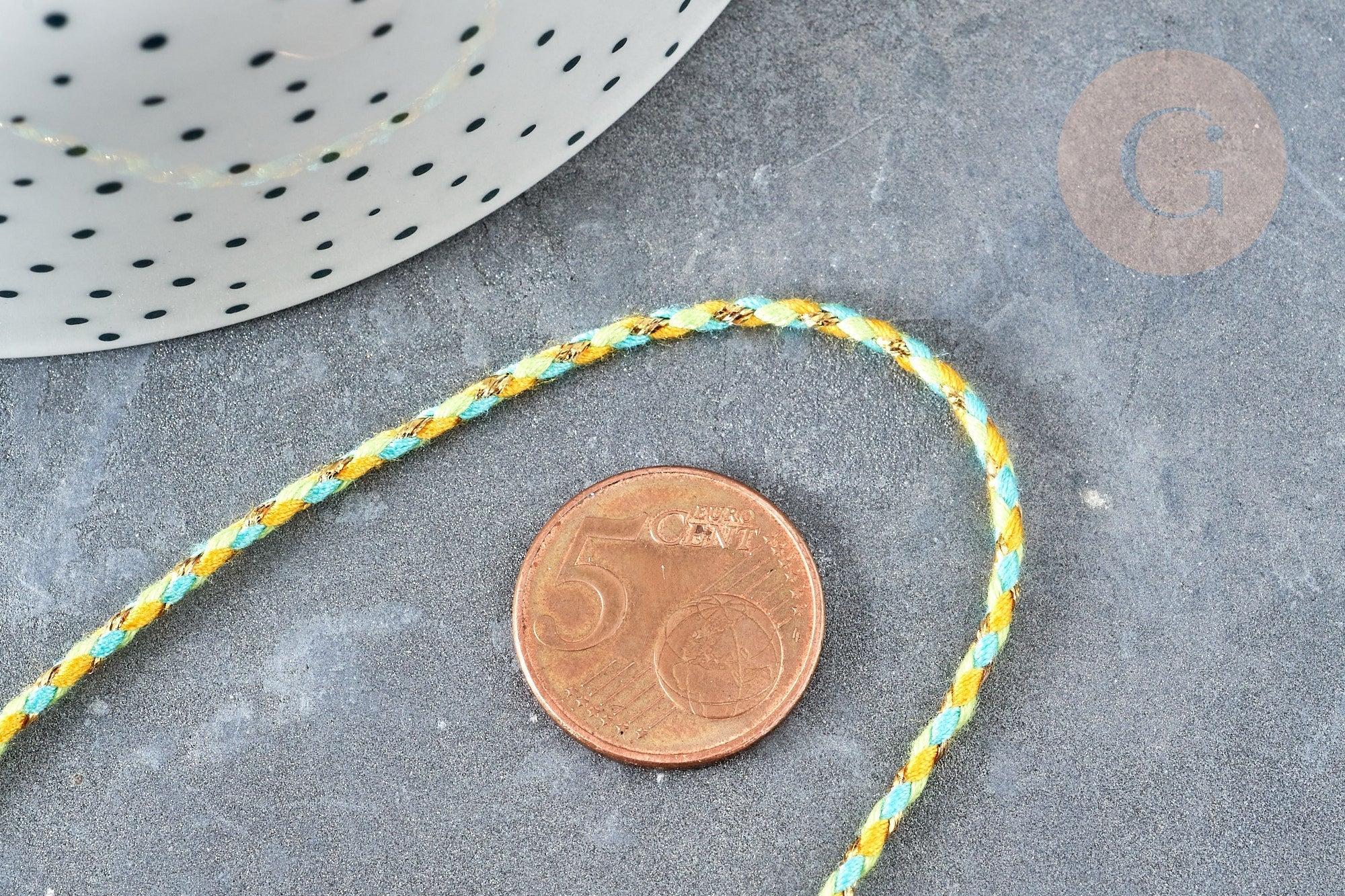 Cordon tressé vert jaune turquoise fil doré 1.5mm-2mm, x 1Mètre (G8125)