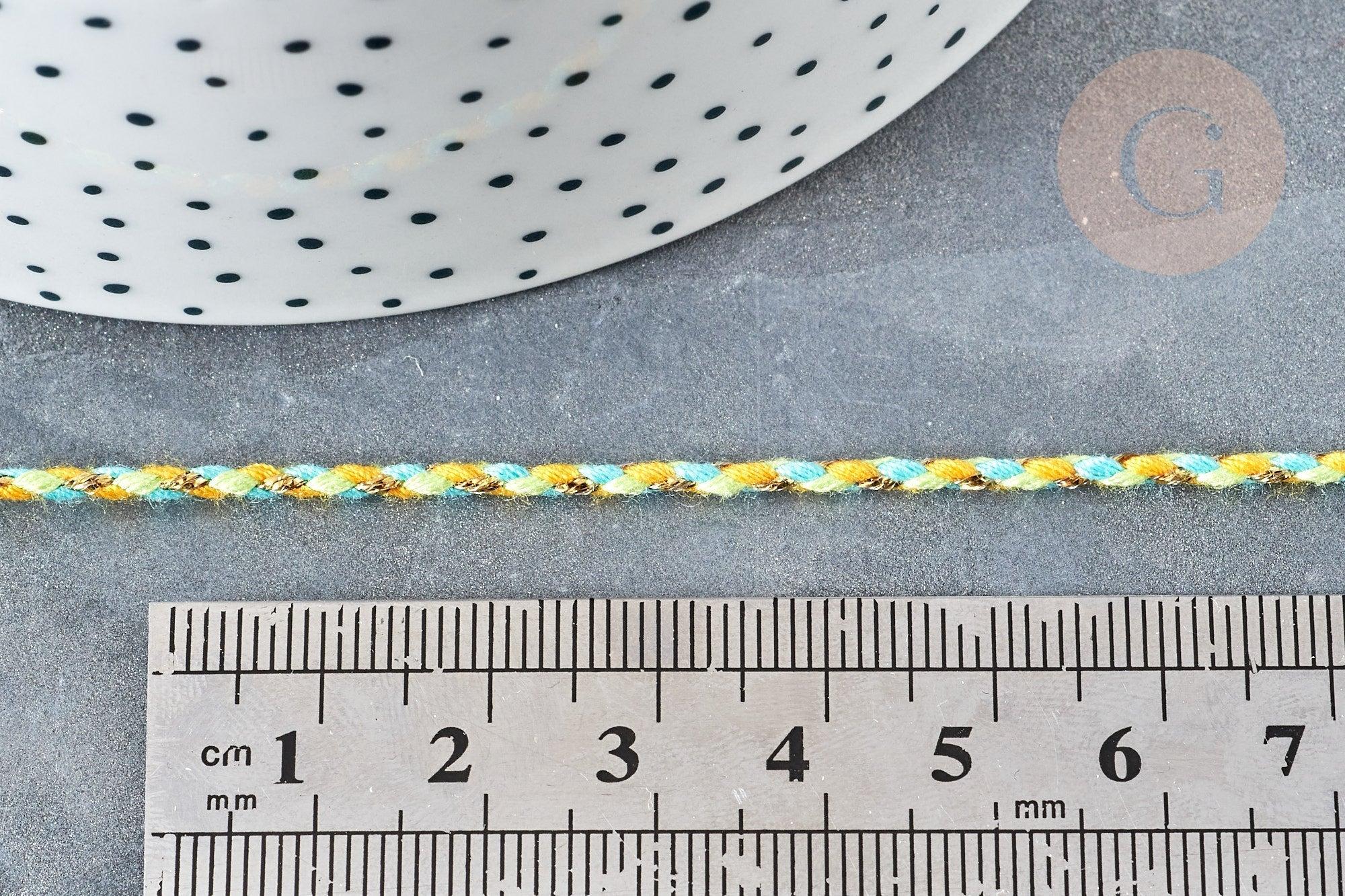 Cordon tressé vert jaune turquoise fil doré 1.5mm-2mm, x 1Mètre (G8125)