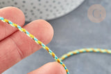 Cordon tressé vert jaune turquoise fil doré 1.5mm-2mm, x 1Mètre (G8125)