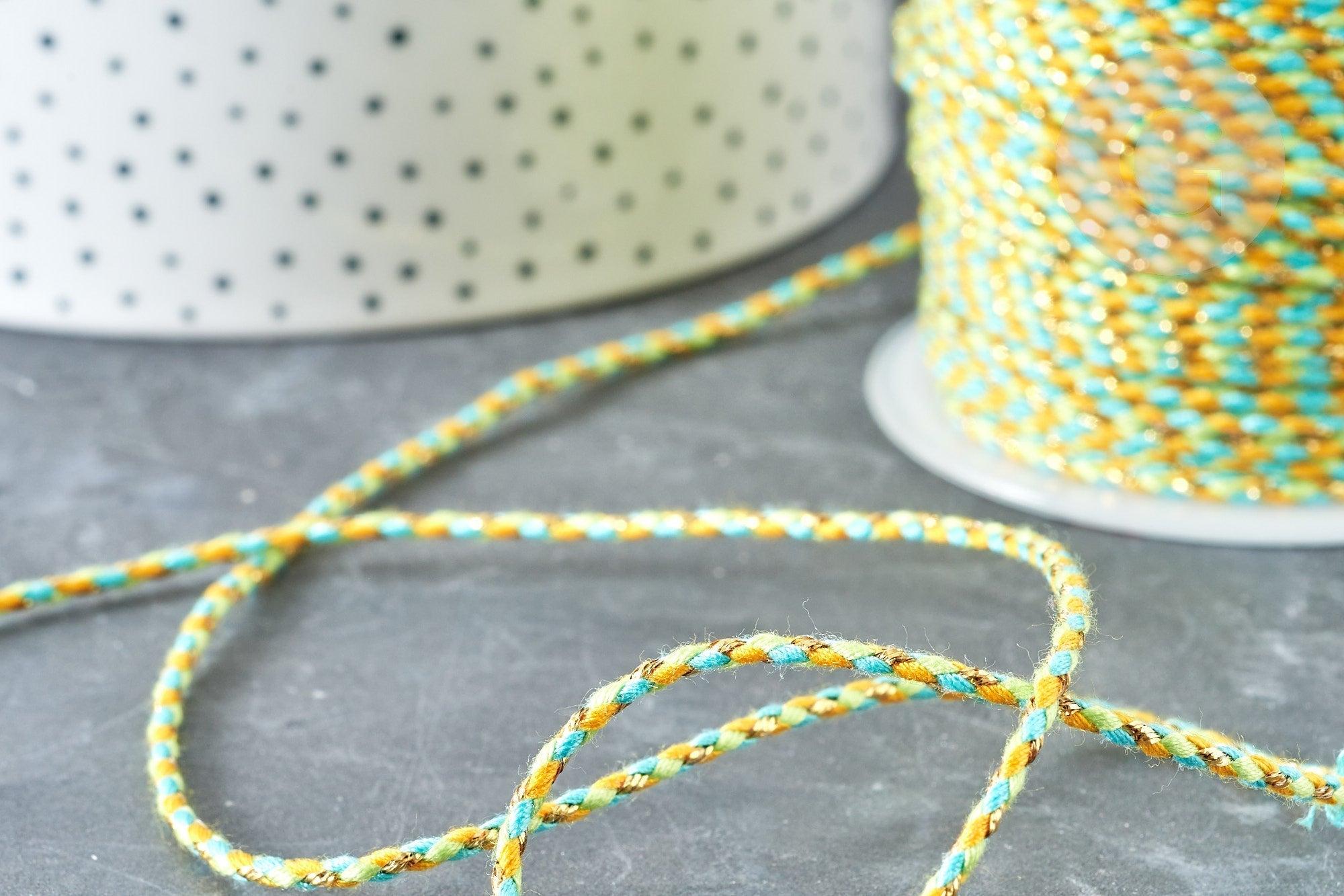 Cordon tressé vert jaune turquoise fil doré 1.5mm-2mm, x 1Mètre (G8125)