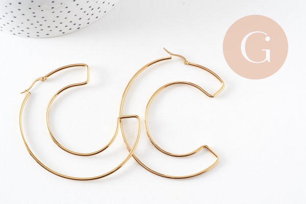 Créole lettre C acier doré, bijoux acier inoxydable, création bijoux, oreille percée,sans nickel, boucles acier, 75.5mm,la paire (G4286)