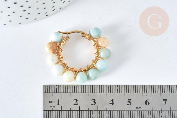 Créoles Amazonite naturelle ronde acier doré 32.5mm, idée cadeau femme, la paire, (G7399)