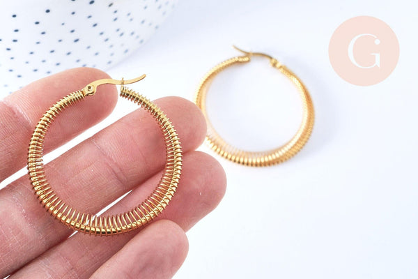 Créoles acier doré 23.5mm, bijoux doré,cadeau anniversaire, oreille percée,sans nickel, boucles acier, la paire (G6640)