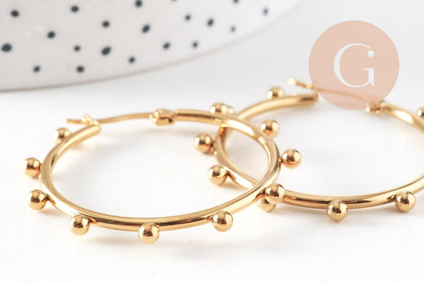 Créoles acier doré boules, bijoux doré,oreille percée,sans nickel, boucles acier, 42.5mm la paire (G4215)