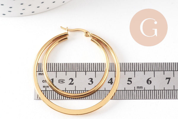 Créoles double acier inoxydable 304 doré 46mm, la paire (G1311)