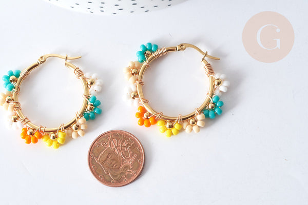 Créoles fleur rocaille multicolore acier 304 doré 40mm, idée cadeau femme, la paire, (G8008)