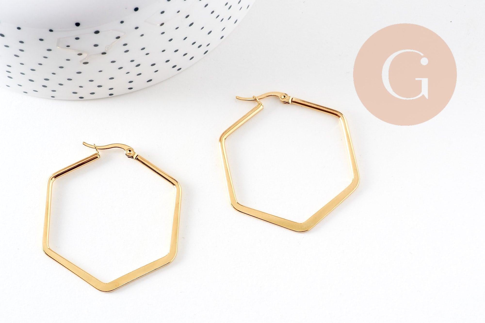 Créoles géométrique acier doré, boucles losange,sans nickel, boucles acier, 32mm la paire (G2297)