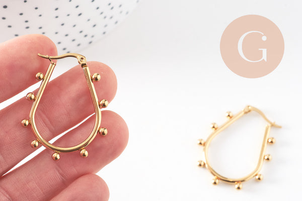 Créoles goutte acier doré boules, oreille percée,sans nickel, boucles acier, 36.2mm la paire, (G4202)