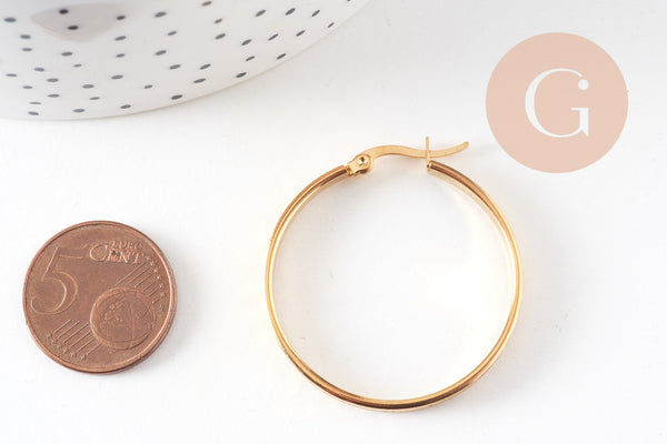 Créoles gravées acier doré, oreille percée,sans nickel, boucles acier, 35mm, la paire (G0761)