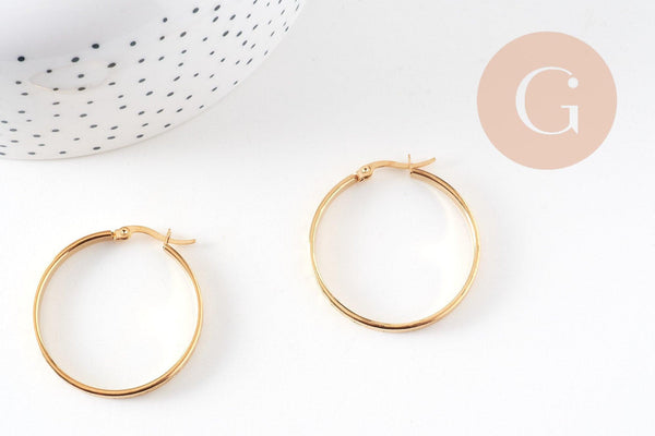 Créoles gravées acier doré, oreille percée,sans nickel, boucles acier, 35mm, la paire (G0761)