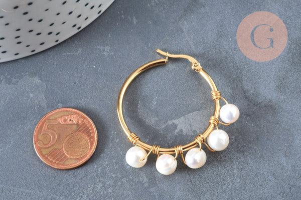 Créoles perles eau douce,acier inoxydable doré 41mm, bijoux acier inoxydable,sans nickel, oreille percée, boucles acier, la paire (G6851)