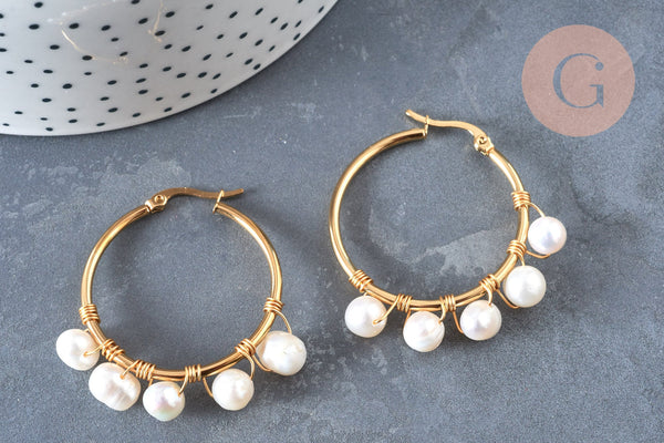 Créoles perles eau douce,acier inoxydable doré 41mm, bijoux acier inoxydable,sans nickel, oreille percée, boucles acier, la paire (G6851)