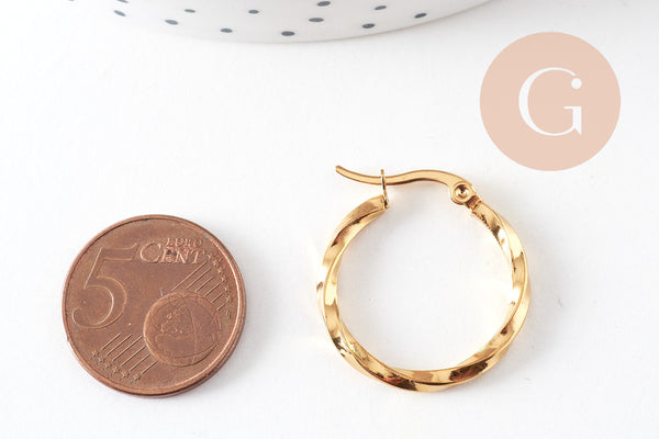 Créoles torsadées acier doré, bijoux doré, oreille percée,sans nickel, boucles acier, 25mm, la paire (G2402)