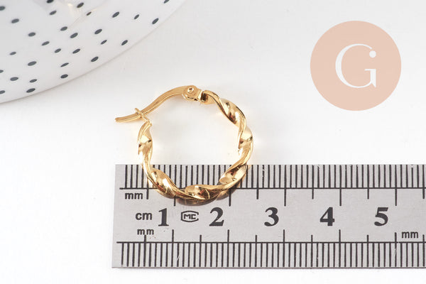 Créoles torsadées acier doré, oreille percée,sans nickel, boucles acier, 21mm, la paire (G0599)