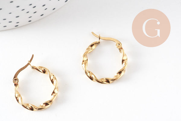 Créoles torsadées acier doré, oreille percée,sans nickel, boucles acier, 21mm, la paire (G0599)