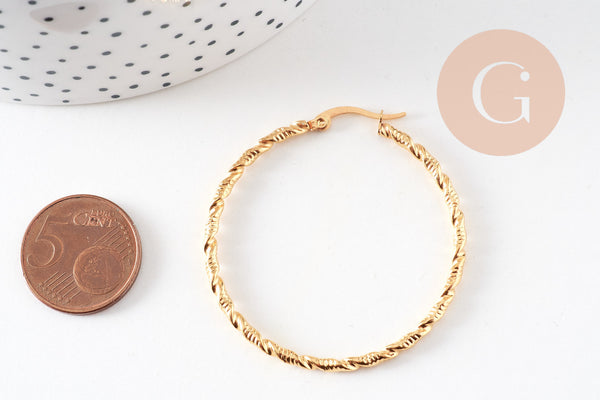 Créoles torsadées acier doré, oreille percée,sans nickel, boucles acier, 45mm la paire (G1187)