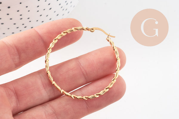 Créoles torsadées acier doré, oreille percée,sans nickel, boucles acier, 45mm la paire (G1187)