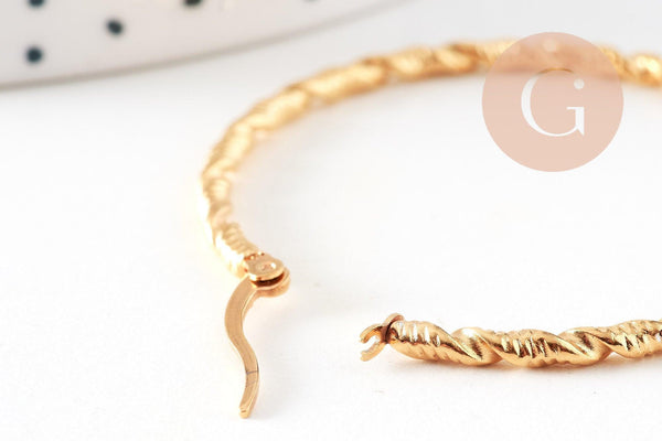 Créoles torsadées acier doré, oreille percée,sans nickel, boucles acier, 45mm la paire (G1187)