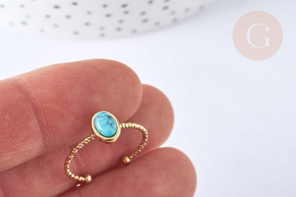 EP-Bague fine réglable pierre turquoise acier doré inoxydable Taille 54, x1 (G7029)