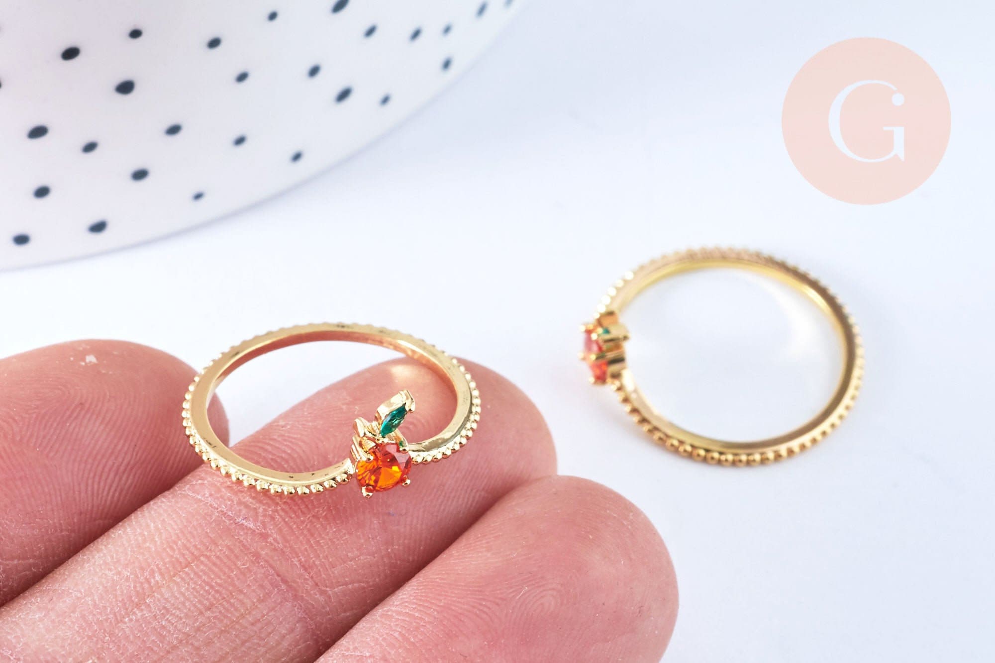 EP-Bague fruit orange laiton doré 16K zircons, x1 (G6578)