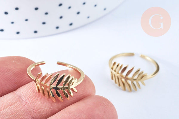 EP-Bague réglable feuille de palme acier doré Taille 54, x1 (G6409)