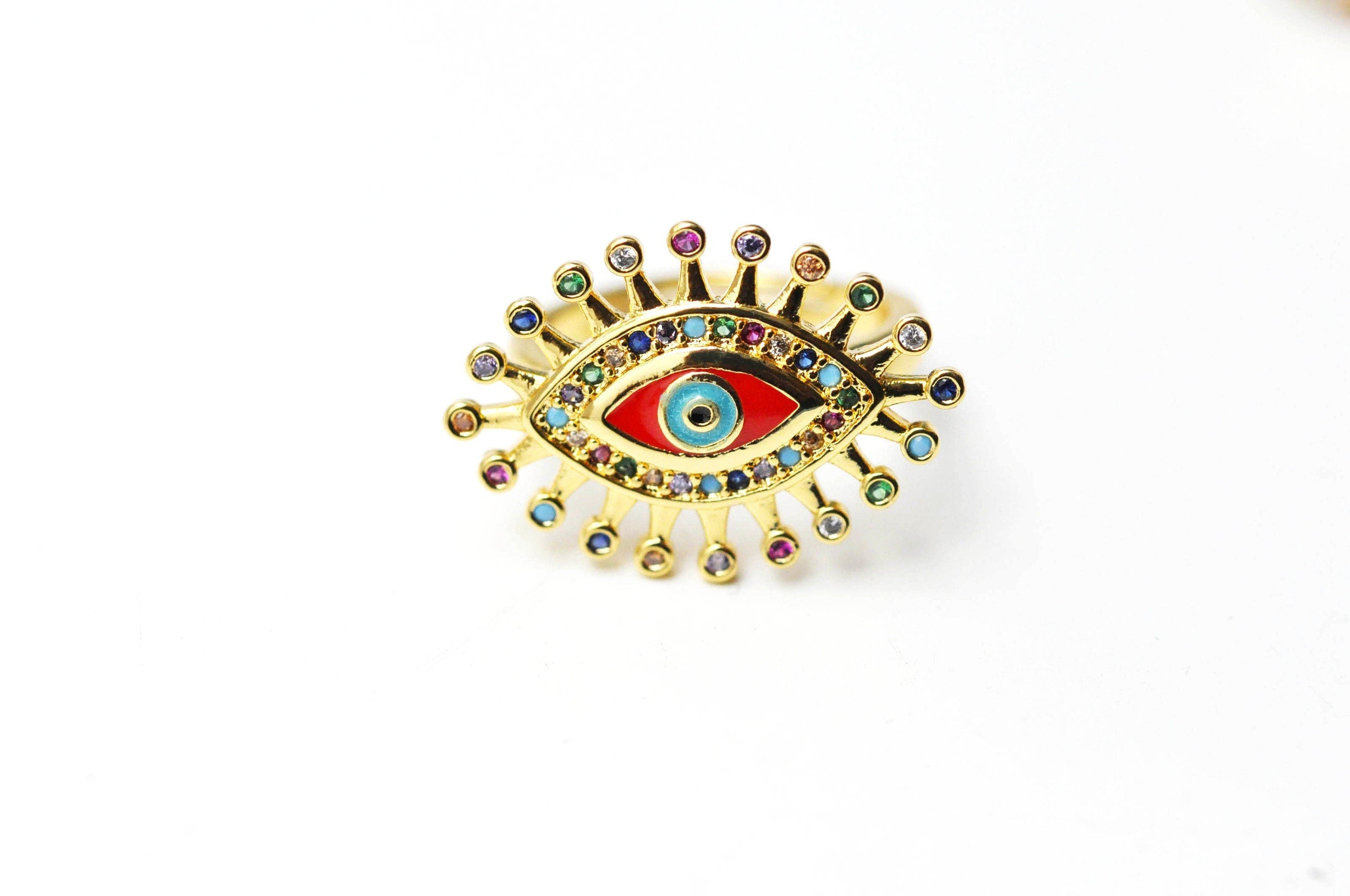 EP Bague réglable laiton doré émail oeil protecteur 17mm , x1 G4244